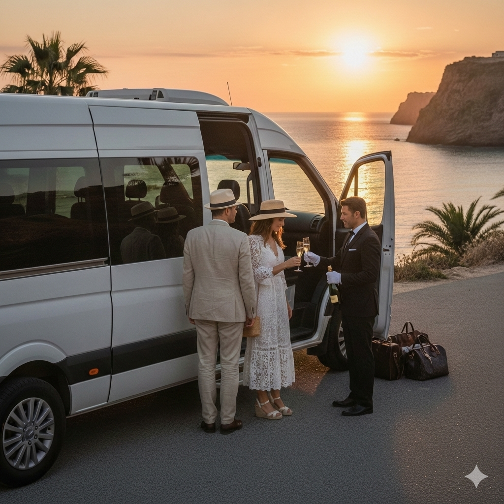 People boarding a white van by a scenic waterfront at sunset